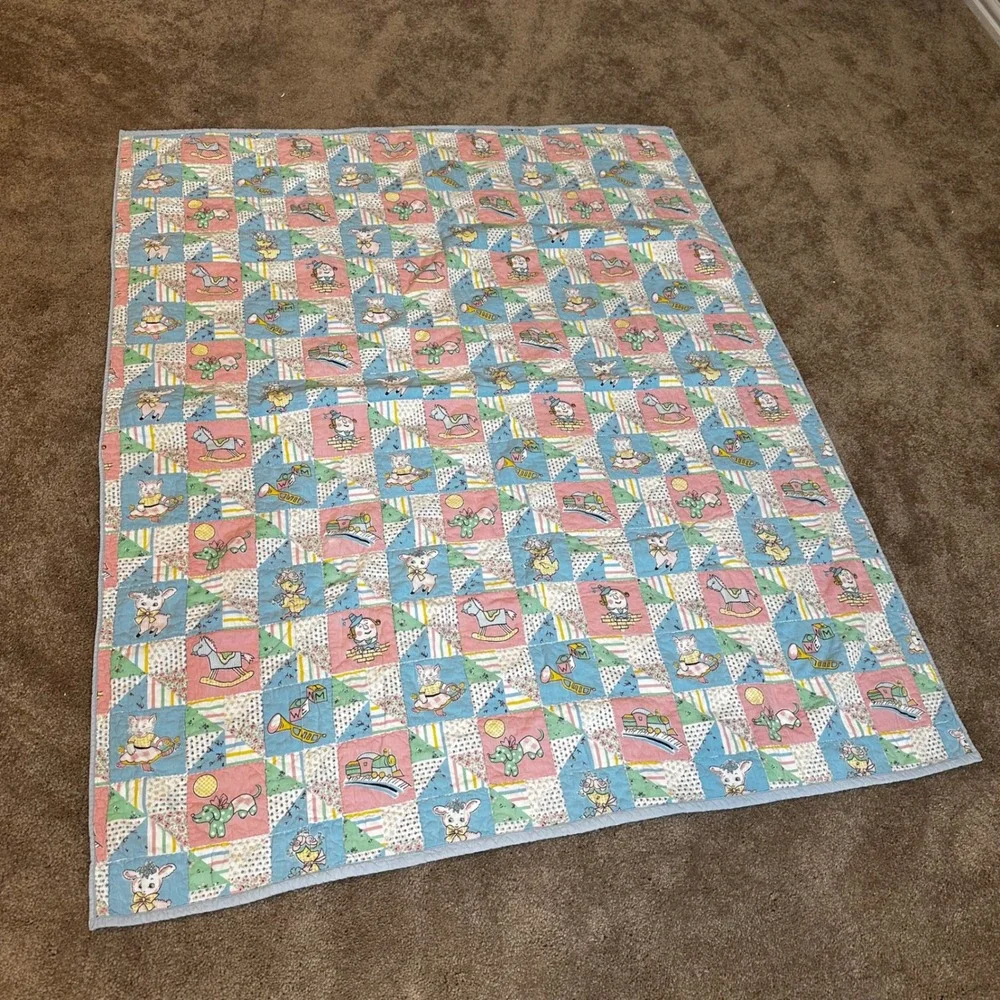 Vintage Baby Quilt Blanket Humpty Lamb Dog Train Doll 52 in x 41 in Cotton 100%